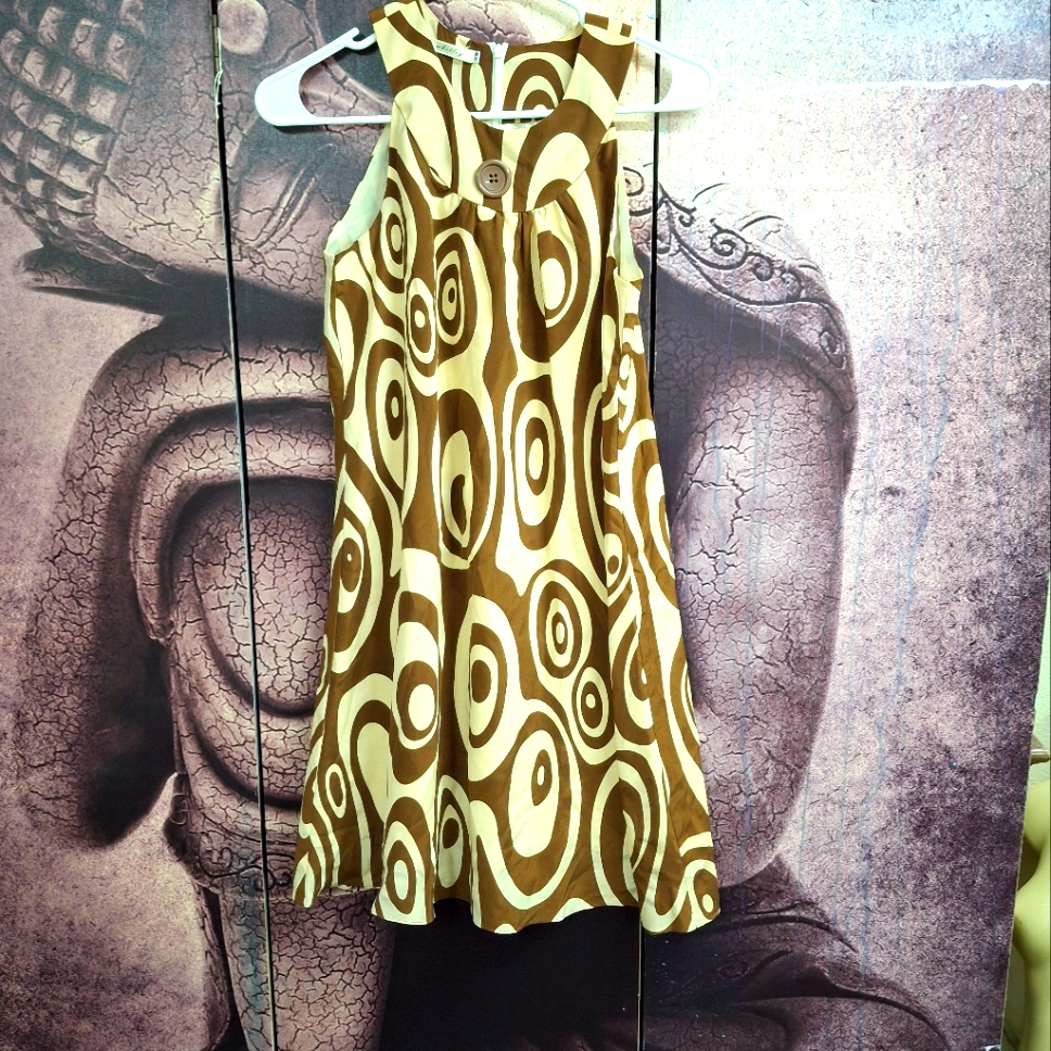 Whitley Dress Xs. Brown And Cream Circle Pattern.